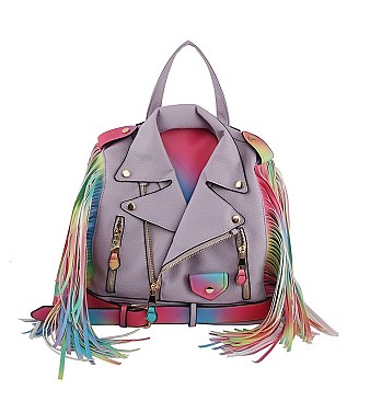 Moto Jacket Design Fringed Backpack / Shoulder Bag