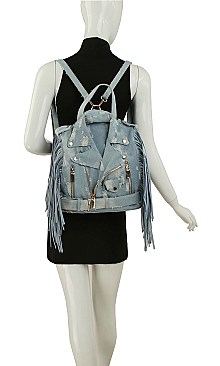 Vintage Denim Motorcycle Jacket Fringe Backpack