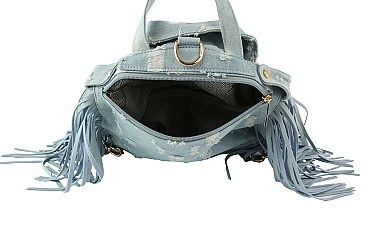 Vintage Denim Motorcycle Jacket Fringe Backpack