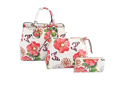 3-in-1 Glossy Flower Printed Satchel Set