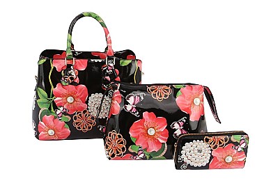 3-in-1 Glossy Flower Printed Satchel Set