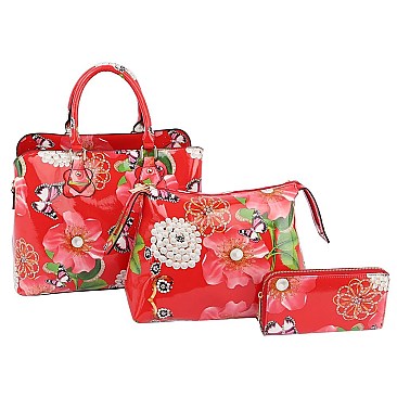 3-in-1 Glossy Flower Printed Satchel Set