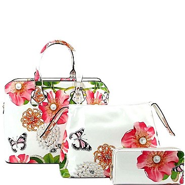 2 IN 1 FLOWER BUTTERFLY PRINT SATCHEL WALLET SET