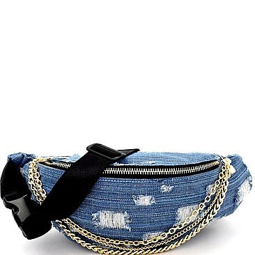 Frayed Denim Chain Embellished Fanny Pack