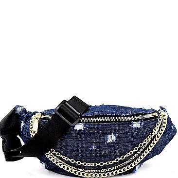 Frayed Denim Chain Embellished Fanny Pack