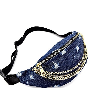 Frayed Denim Chain Embellished Fanny Pack