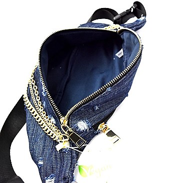 Frayed Denim Chain Embellished Fanny Pack