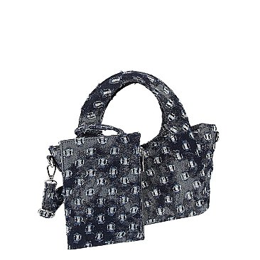 Dotted Distressed Denim Tote Crossbody Bag