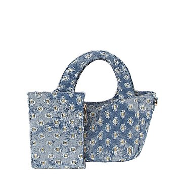 Dotted Distressed Denim Tote Crossbody Bag