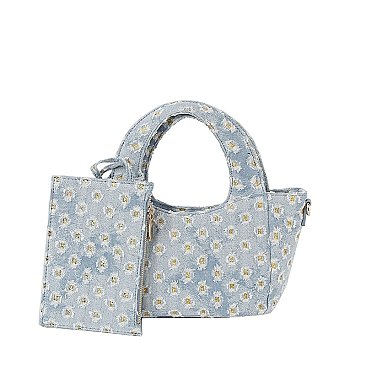 Dotted Distressed Denim Tote Crossbody Bag