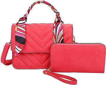 2-in-1 Quilted Scarfed Satchel Wallet Set