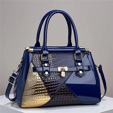 Shiny Crocodile Textured Padlock Satchel - Shoulder Bag