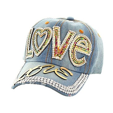 LOVE in Multi Stones & Gold on Denim Fashion Cap MEZ699