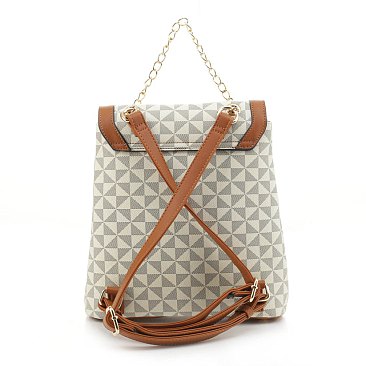 Geometric Monogrammed Turn Lock Backpack with Chain Handle