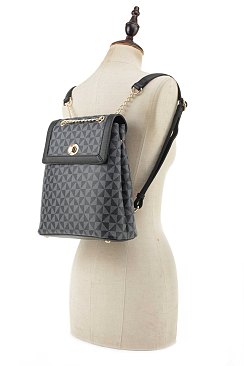 Geometric Monogrammed Turn Lock Backpack with Chain Handle