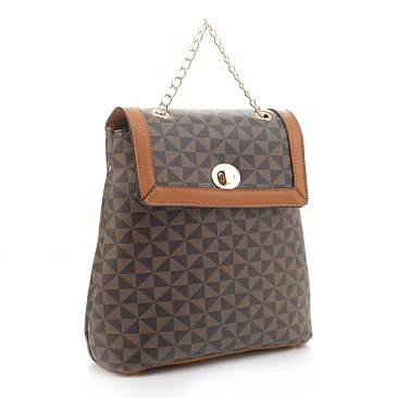 Geometric Monogrammed Turn Lock Backpack with Chain H