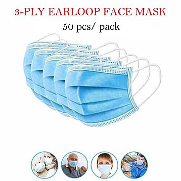 Disposable 3-Ply Earloop Face Mask 50pcs Pack