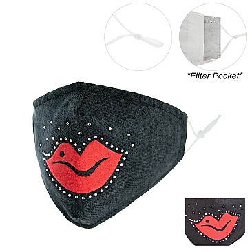 FASHION LIPS & RHINESTONE MASK W/ FILTER POCKET & ADJUSTABLE ELASTIC EAR STRAP