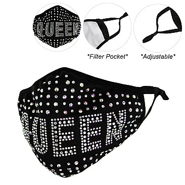 FASHION QUEEN RHINESTONE MASK W/ FILTER POCKET & ADJUSTABLE ELASTIC EAR STRAP