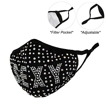 ADJUSTABLE ELASTIC EAR STRAPPED SEXY RHINESTONE BLING MASK W/ FILTER POCKET