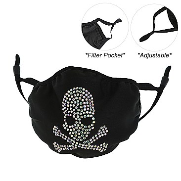 Adjustable Elastic Ear Strap Skeleton Rhinestone Bling Mask W/ Filter Pocket