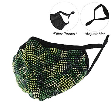 Camouflage Adjustable Elastic Ear Strap Rhinestone Bling Mask W/ Filter Pocket