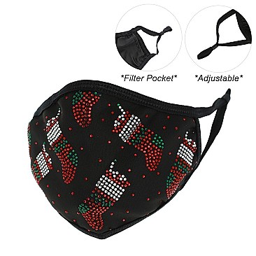 FESTIVE CHRISTMAS BLING MASK W/ FILTER POCKET & ADJUSTABLE ELASTIC EAR STRAP