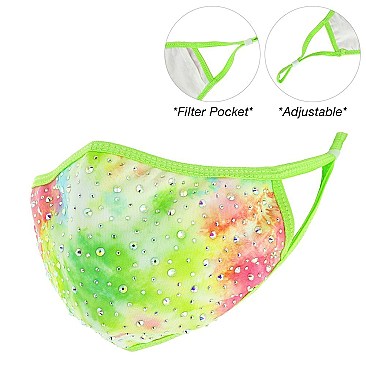 ADJUSTABLE RHINESTONE TIE DYE PRINT STRAPFACE MASK