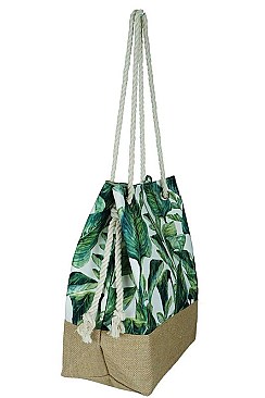 TROPICAL LEAVES PRINT 2-TONE TOTE BAG