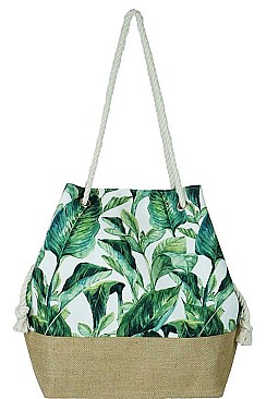 TROPICAL LEAVES PRINT 2-TONE TOTE BAG