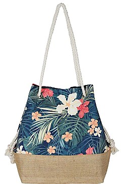 TROPICAL FLOWER PRINT 2-TONE TOTE BAG