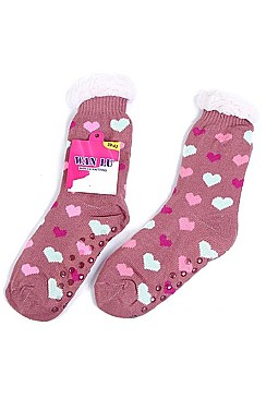 Pack of (12 Pairs) Fur Lining Socks Hearts Patterns Assorted Colors FM-MD8341