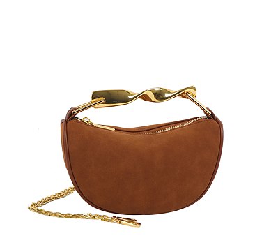 Twisted Top Handle Suede Satchel Bag