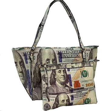 OVERSIZE  Hundred Dollar Bill Print Tote Bag With Pouch Set