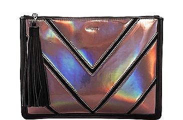 FASHION HOLOGRAM TINT BIG TASSEL CLUTCH WITH CHAIN