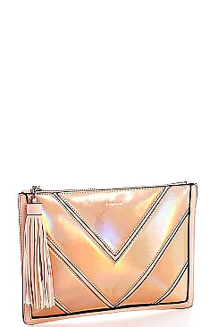 FASHION HOLOGRAM TINT BIG TASSEL CLUTCH WITH CHAIN