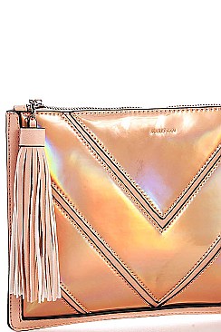 FASHION HOLOGRAM TINT BIG TASSEL CLUTCH WITH CHAIN