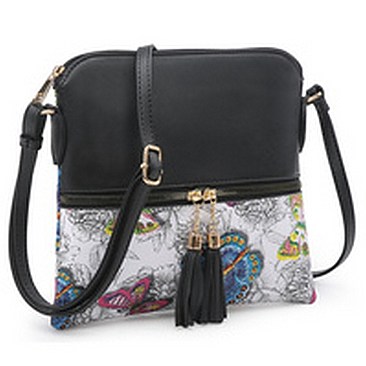 Flower Butterfly Printed Colorblock Tassel Zipper
