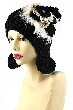 Pack of 12 (pieces) Assorted Faux Fur Flower Accent Knit Pom Pom Beanie FM-MHA2549
