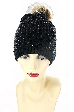 Embedded Crystal Faux Fur Pom Pom Beanies FM-MHA2555