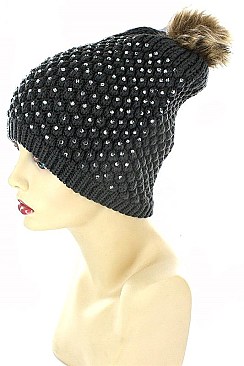 Embedded Crystal Faux Fur Pom Pom Beanies FM-MHA2555