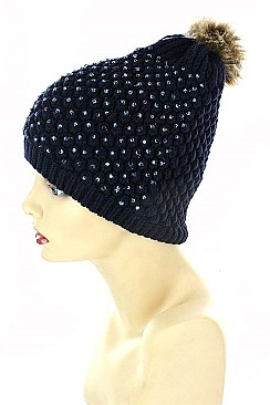 Embedded Crystal Faux Fur Pom Pom Beanies FM-MHA2555