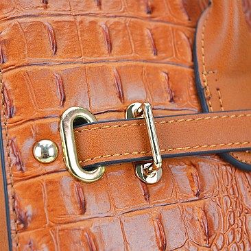 Ostrich & Croco Embossed Satchel With Matching wallet