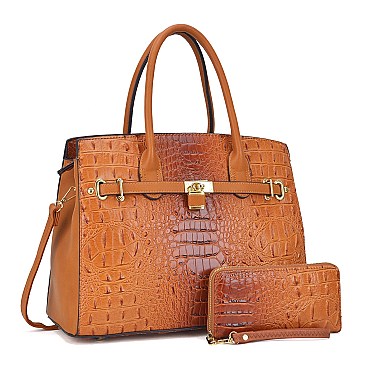 Ostrich & Croco Embossed Satchel With Matching wallet