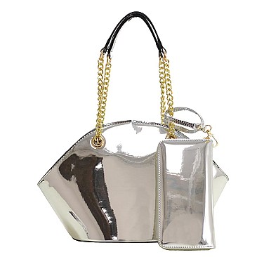 Shiny Patent Leather Satchel With Gold Chain 2-in-1 Set  RZ-ML102