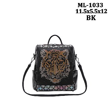 Tiger Face Rhinestone Real Leather Backpacks