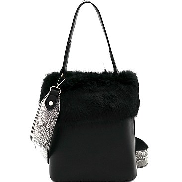 Faux-Fur Accent Bucket Satchel with Snake Print MH-MM7301