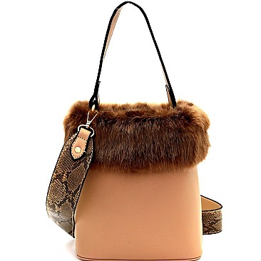 Faux-Fur Accent Bucket Satchel with Snake Print MH-MM7301