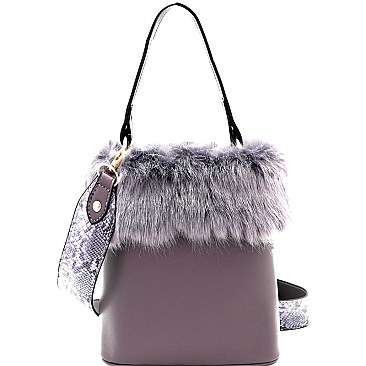 Faux-Fur Accent Bucket Satchel with Snake Print MH-MM7301