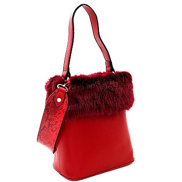 Faux-Fur Accent Bucket Satchel with Snake Print MH-MM7301